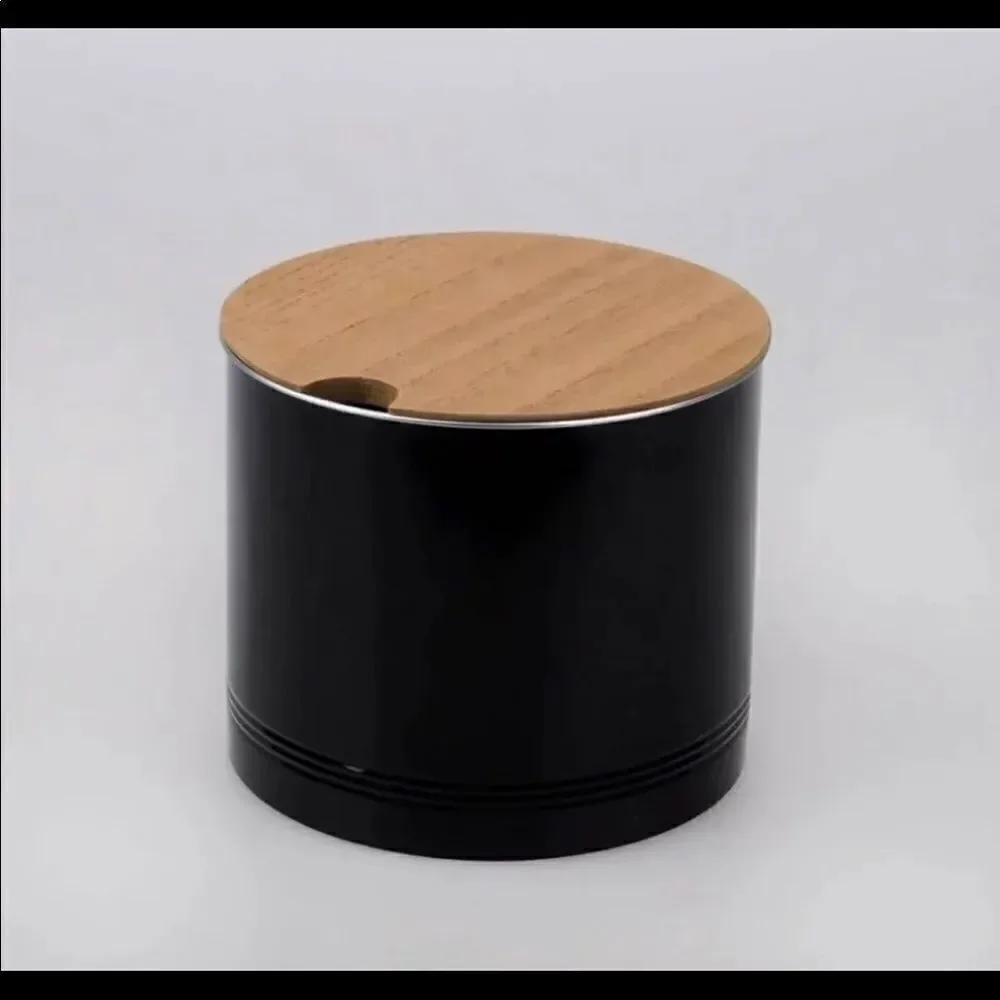NWT New & Sealed Black Metal Aluminum with Wood Lid Storage Container Canister